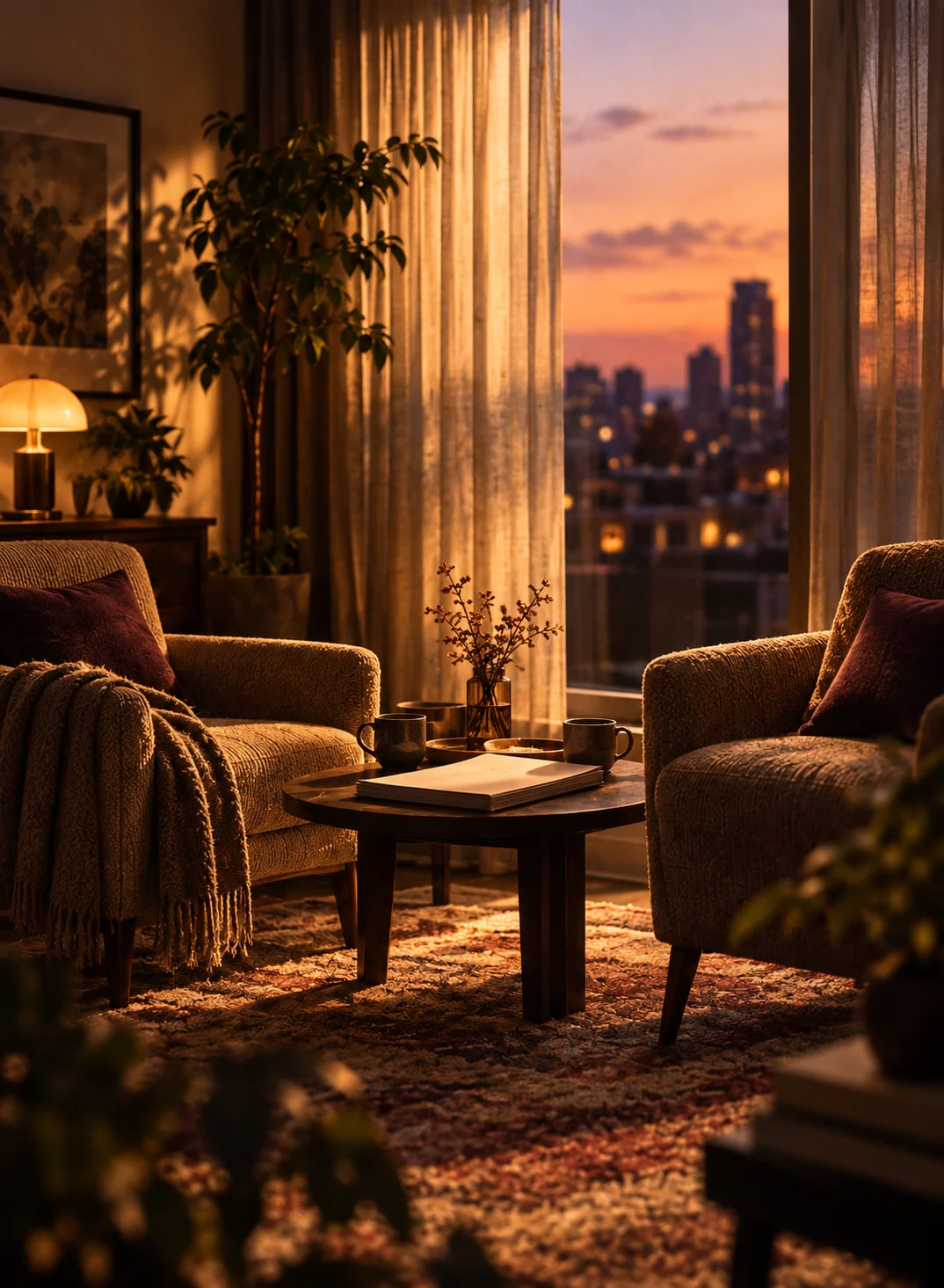 Two welcoming armchairs and tea by a curtained window at sunset.